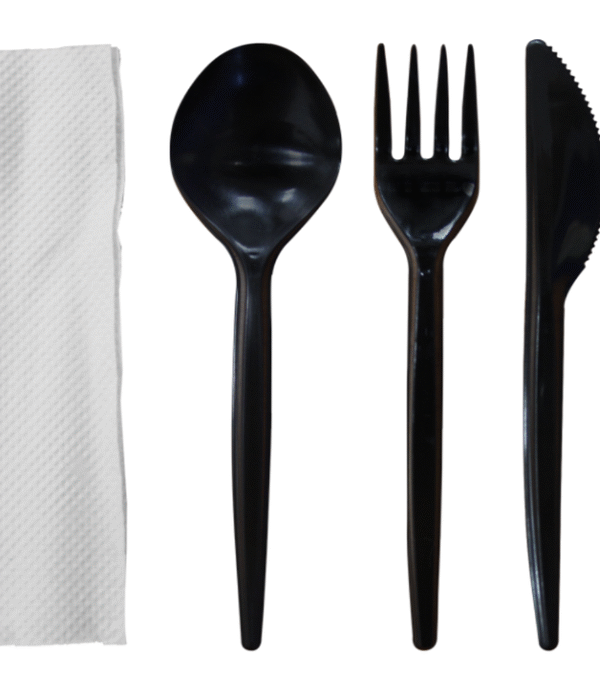 (DSCMOT01) SET CUBIERTOS DESECHABLES NEGROS X 3 MAS SERVILLETA TAMI CAJA X 500 UND